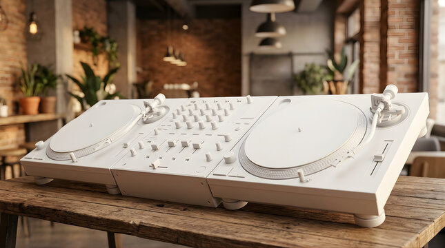 Minimalist White DJ Turntable Setup on a Rustic Wooden Table in a Modern Cafe Interior with Soft Natural Light