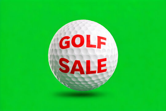 Golf ball with golf sale text in red isolated on solid green background advertising