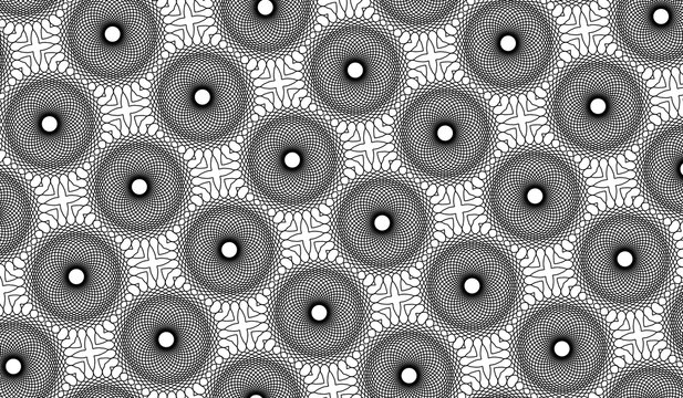 black and white background, Seamless blak Circular Geometric Pattern Background with Abstract Repeating Texture