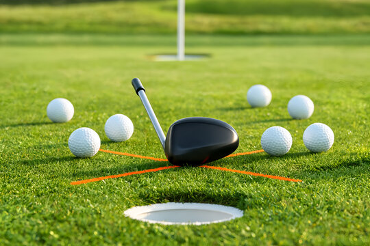 Golf driver club surrounded by balls on putting green Hole flag and orange lines visible Close up shot sports