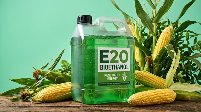 Transparent green tinted E20 bioethanol canister with corn leaves on mint green backdrop