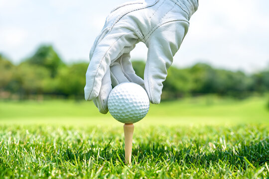 Golfers gloved hand places ball on tee close-up shot lush green field sunny outdoor atmosphere sport