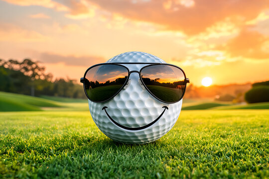 Happy golf ball close-up wearing sunglasses sunset glow golf course setting