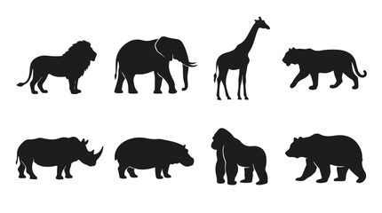 Fototapeta premium A set of eight wild animals walking silhouette vector icon illustrations on a white background 