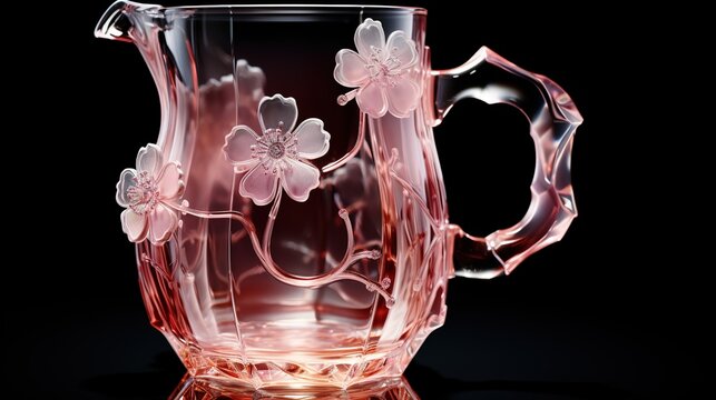 Pink glass pitcher with floral engraving. Decorative crystal jug for serving beverages.