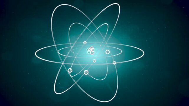 Glowing Atom Model Animation with Orbiting Electrons on Dark Background