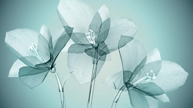X-Ray Video of Three Flowers in Teal Tones with Glowing Stamens