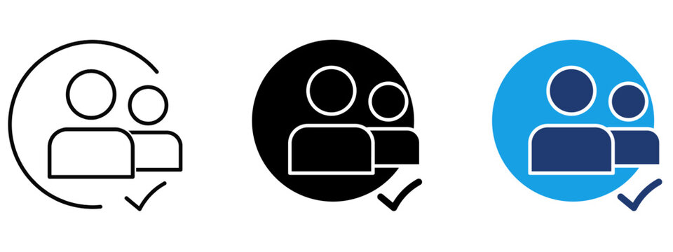Verified users icon with group avatars inside circular frame and checkmark. Symbol of team approval, verified account, member validation, user access, and identity check.