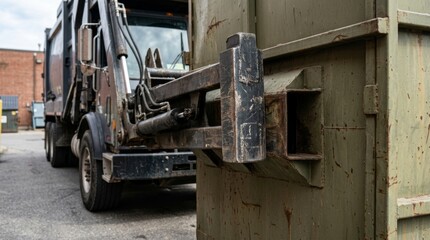 Fototapeta premium A close up shows a heavy truck and hydraulic arms beside a rusted container.