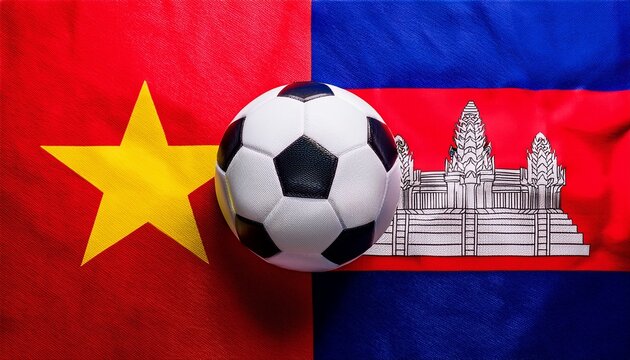 soccer ball between Vietnam flag and Cambodia flag