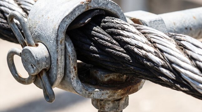 Steel wire rope secured by a rigging hardware clamp and cotter pin for heavy lifting equipment