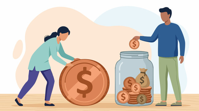 Financial Savings Concept: Couple Actively Saving Money Together in a Jar