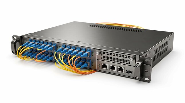 Fiber optic patch panel in server rack. Network switch with connected ethernet cables.