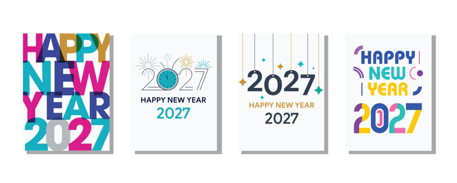 Modern 2027 happy new year poster collection featuring bold typography and clock elements.