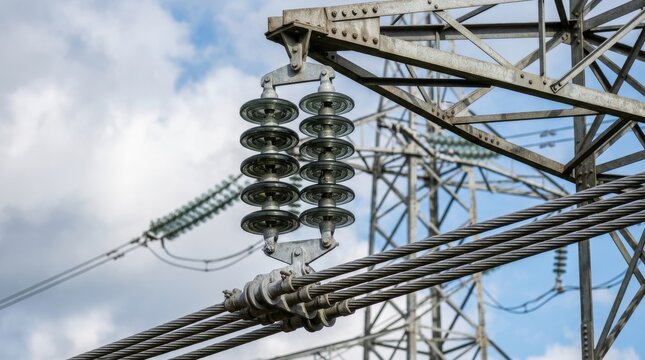 A close up of electrical insulators on a metal power tower under a blue sky.