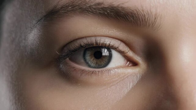 Human eye opening and closing in cinematic close up with soft studio lighting and shallow depth of field for cosmetic concepts