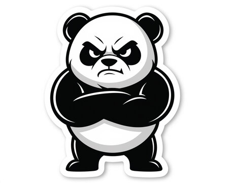 Angry panda mascot sticker vector illustration standing with crossed arms in tough cute cartoon style isolated on white background