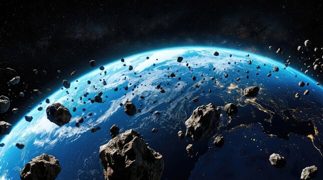 A dramatic view of a blue planet surrounded by a dense field of floating asteroids in deep space