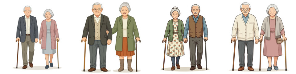 Fototapeta premium Vector illustration set of a grandfather and grandmother walking with canes, on a white background.