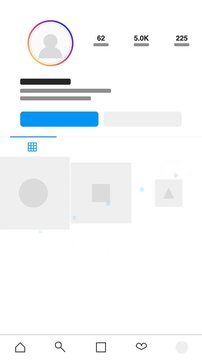 Mobile social media feed template application UI screen wireframe mockup render with story icons and post placeholders