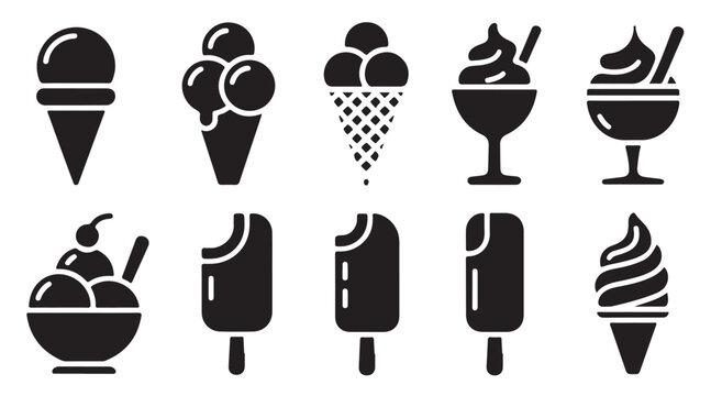Professional ice cream icons featuring bitten bars soft serve and bowl varieties for apps.