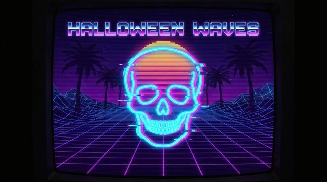 Skull digital art appears on a retro television screen with eighties synthwave style.