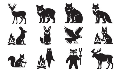 Fototapeta premium Collection of black silhouette featuring various wild forest animals, including a deer, bear, wolf, fox, rabbit, eagle, squirrel, and moose, isolated on a white background