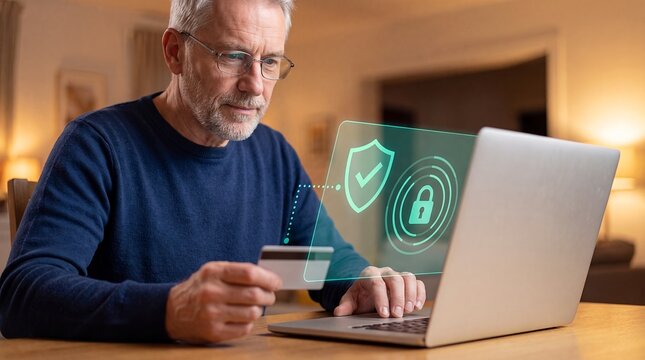 banking payment security card ecommerce cybersecurity protection fraud privacy laptop Senior man pays online with a bank card at home for secure finance and fraud prevention advertising