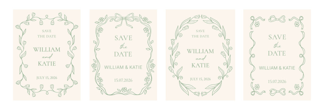 Wedding elegant invitation card background with floral hand drawn frames of beautiful flowers, leaves, bow and ribbons in whimsical green lines. Vintage vector border perfect for flyer, cover, poster.