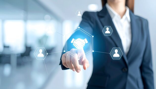 Corporate handshake with abstract digital network overlay, symbolizing trusted partnership, contract agreement, collaboration, and modern business technology.