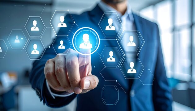Business professional selecting a digital employee profile on a virtual interface, representing recruitment, human resources, talent acquisition, networking, and workforce management.