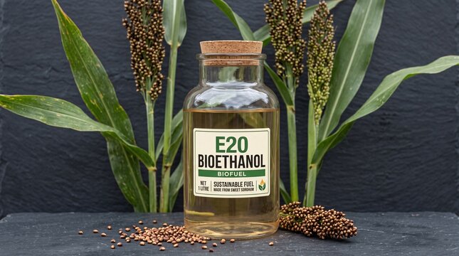 Transparent E20 bioethanol canister with sweet sorghum raw material on slate background