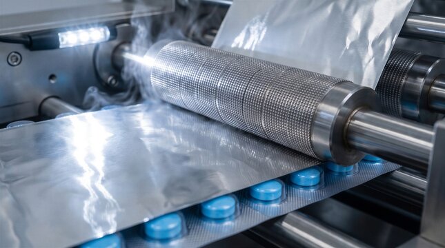 Blister packaging machine sealing blue pills with aluminum foil on a pharmaceutical production line
