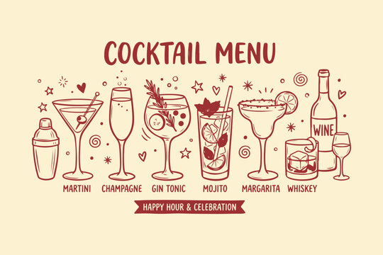 Hand drawn cocktail menu illustration with assorted alcoholic drinks and bar accessories sketch Vector, illustration