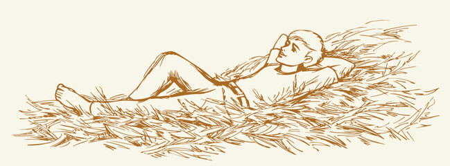 Vector drawing. A boy laying in a hay