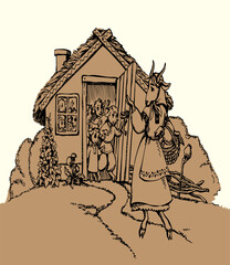 Fototapeta premium A goat and kids in a house. Vector illustration