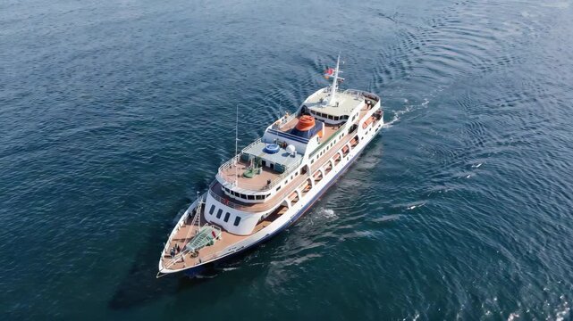 A large boat with multiple decks and a flag flying from its stern is seen sailing on choppy waters in the ocean. The boat has a red and white stripe pattern on its exterior.