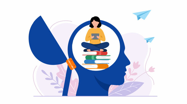 Illustration of an open mind with a person learning digitally on books