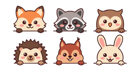 Fototapeta premium Adorable collection of six cute cartoon woodland animals peeking playfully. Friendly expressions for charming designs and children's creative projects