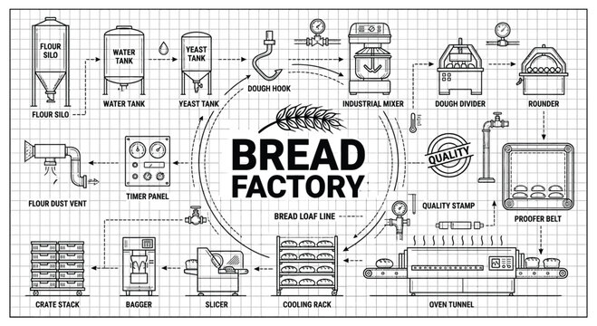 Industrial Bread Factory Production Line Blueprint: Technical Schematic Illustration with Icons for Mixer, Oven Tunnel, Slicer, Bagger, and Cooling Process on Grid.