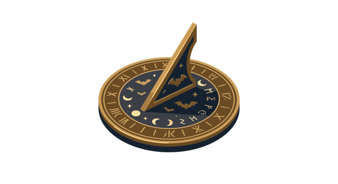 Golden Ancient Sundial Icon with Celestial Moon Stars and Bat Motifs for Timekeeping and Astrology Design