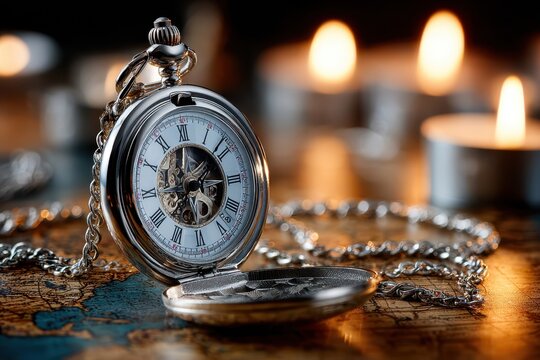 Antique Pocket Watch on Map with Candlelight