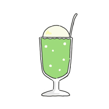 Hand-drawn green ice cream float in glass