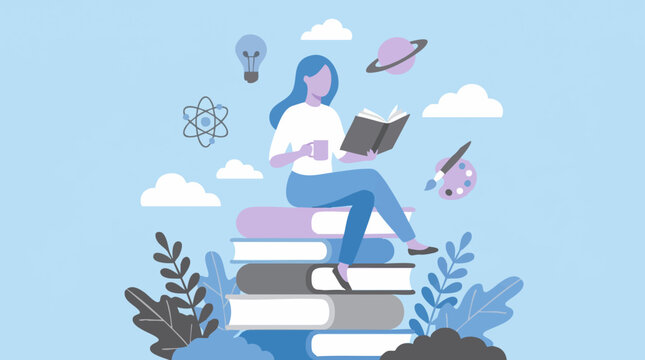 Woman reading on book stack, concept of education, knowledge, and creativity