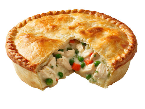 Golden chicken pot pie with a flaky crust, creamy chicken and vegetable filling, isolated on a white background.