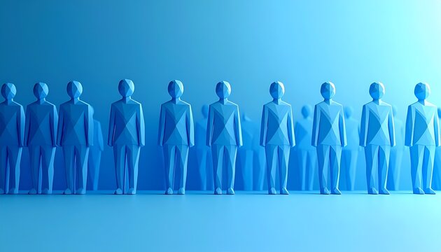 Low poly blue human figures in a minimalist lineup, representing digital identity, diversity, workforce, technology and social concepts.