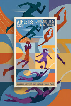 Athletes strength and skill sports poster with stylized figures for event promotion and stadium banner design