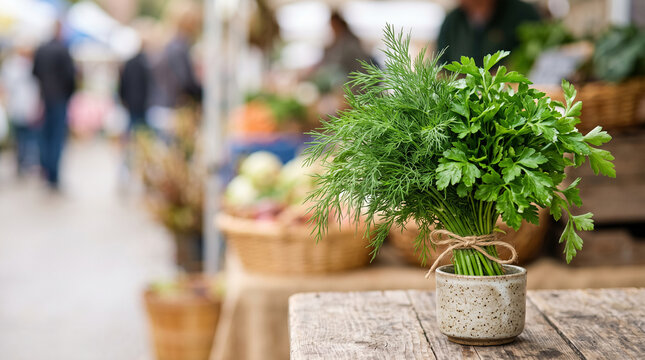 Bunch of fresh garden herbs tied with twine in a ceramic pot for market background and culinary design