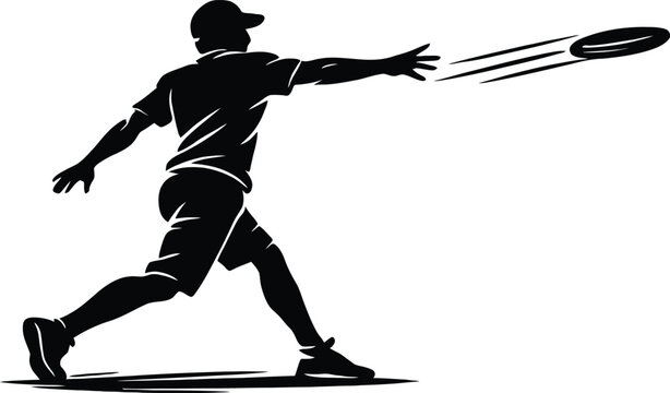 a clean black vector silhouette of a disc golf player performing a powerful backhand throw toward a championship basket with flying disc motion lines, athletic stance, clean black vector silhou