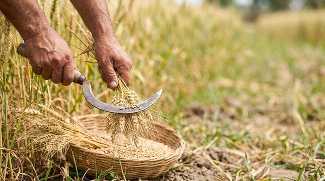 Hands harvesting grain with a sickle into a basket for traditional farming banner, agricultural background and rural heritage design